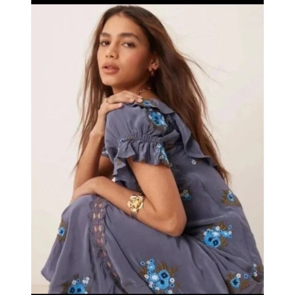 FREE PEOPLE Floral Embroidered Bali Santa Cruz Ruffle Maxi Dress L NWT